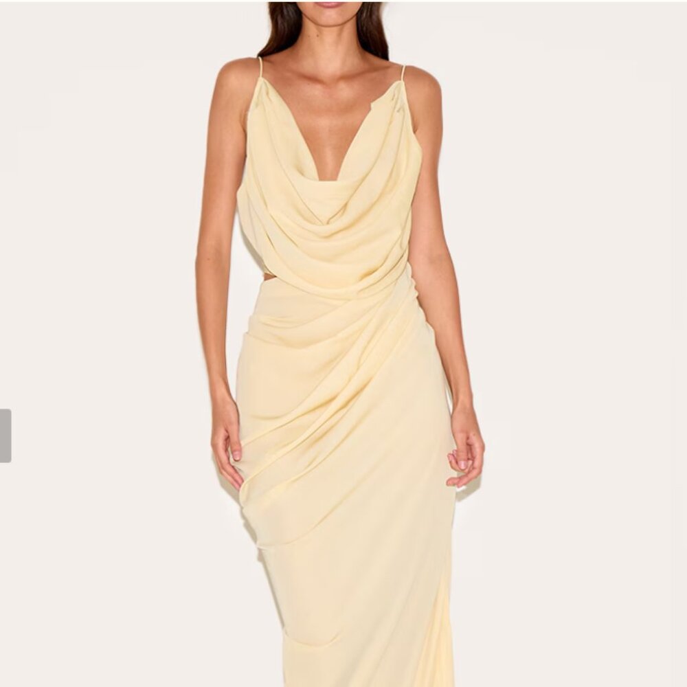 Butter Yellow Chiffon Drape Cut Out Maxi Dress